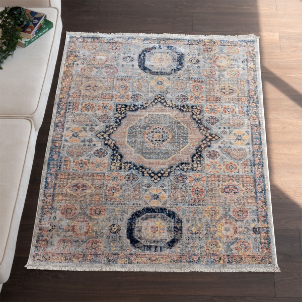 Rome Oldie 80 x 100 cm Zymta Winter Carpet - Navy Blue / Light Beige / Terracotta / Blue