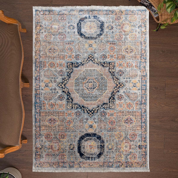 Rome Oldie 300 x 400 cm Zymta Winter Carpet - Navy Blue / Light Beige / Terracotta / Blue