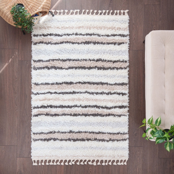 Bohemian Bold Stripes 120 x 180 cm Zymta Winter Carpet - Off White / Dark Grey / Light Beige / Grey