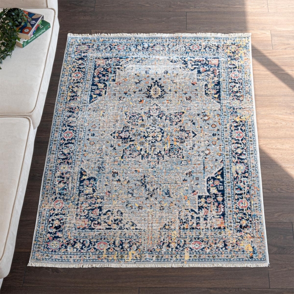 Rome Floret 80 x 100 cm Zymta Winter Carpet - Navy Blue / Grey / Blue / Yellow