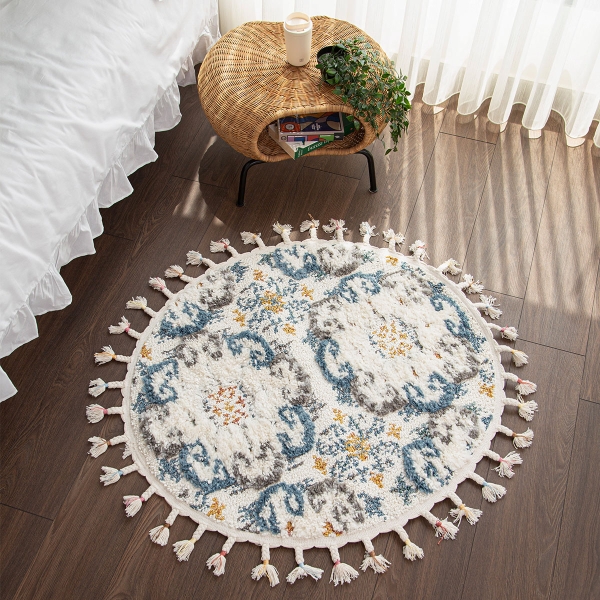 Barcelona Rosette 100 x 100 cm Round Zymta Winter Carpet - Blue / Cream