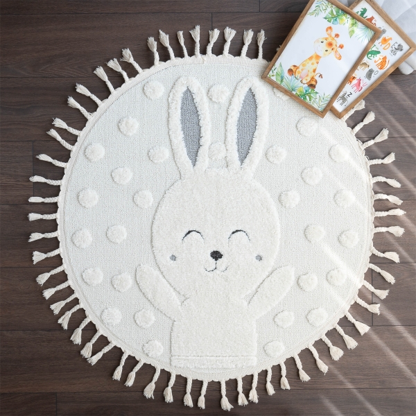 Katy Rabbit 100 x 100 cm Round Zymta Winter Carpet - Cream / Grey