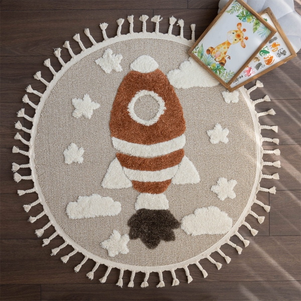 Katy Space Rocket 100 x 100 cm Round Zymta Winter Carpet - Cream / Beige