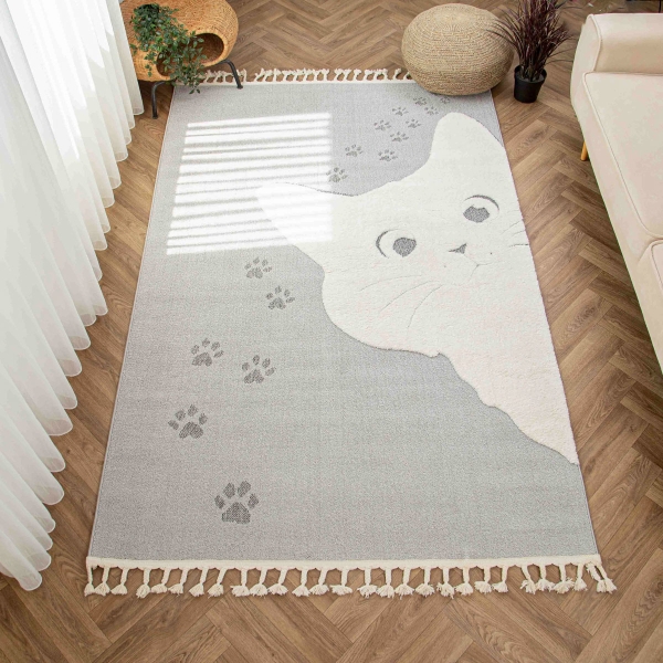 Katy Sneaky Cat 150 x 230 cm Zymta Winter Carpet - Cream / Grey