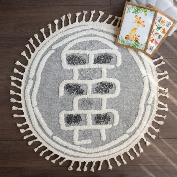 Katy Hopscotch 100 x 100 cm Round Zymta Winter Carpet - Cream / Grey