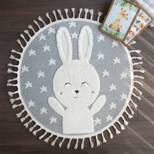 Katy Rabbit 60 x 60 cm Round Zymta Winter Carpet - Cream / Grey