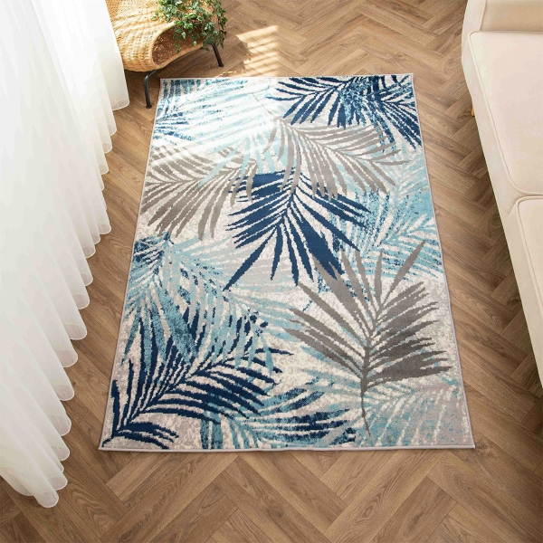 Eco Palm Leaves 80 x 300 cm Zymta Winter Carpet - Navy Blue / Grey / Blue / Ecru