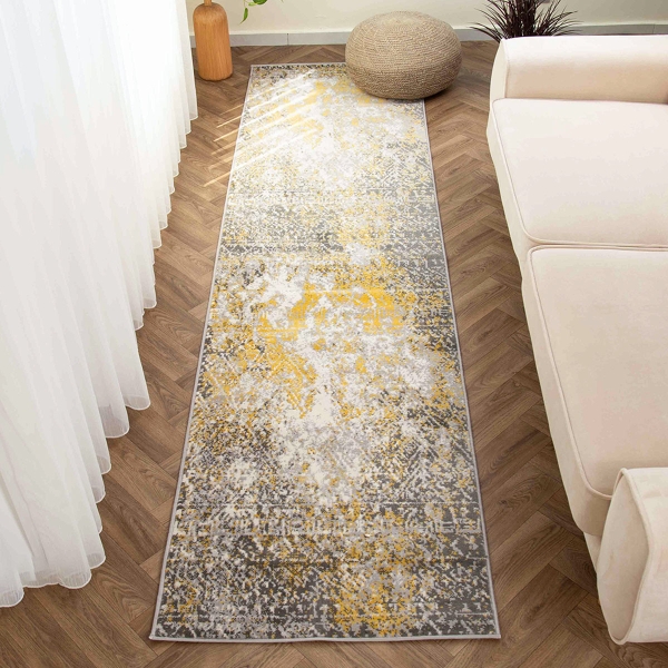 Eco Azelia 80 x 300 cm Zymta Winter Carpet - Yellow / Grey / Ecru / Dark Grey