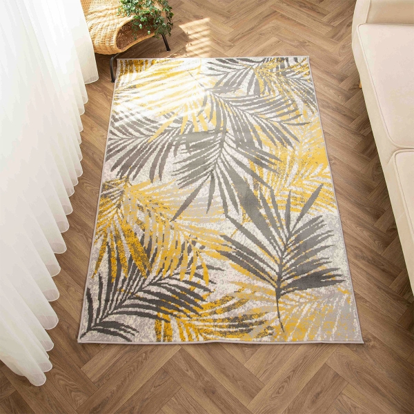 Eco Palm Leaves 80 x 300 cm Zymta Winter Carpet - Yellow / Dark Grey / Grey / Ecru