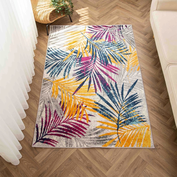 Eco Palm Leaves 80 x 150 cm Zymta Winter Carpet - Fuchsia / Orange / Navy Blue / Grey