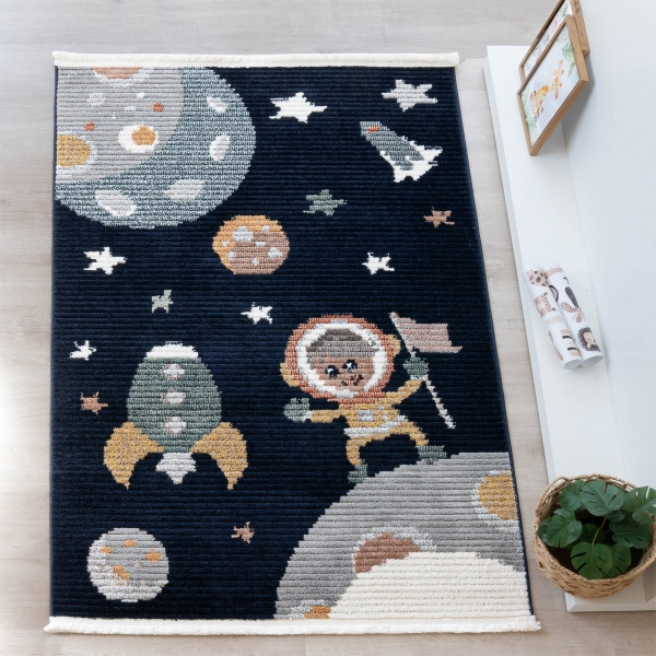 Comfy Astronaut 80 x 150 cm Zymta Winter Carpet - Navy Blue / Off White / Dark Yellow / Green