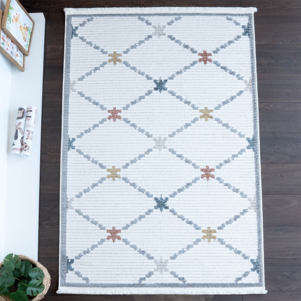 Comfy Linked Stars 80 x 150 cm Zymta Winter Carpet - Off White / Grey / Terracotta / Yellow