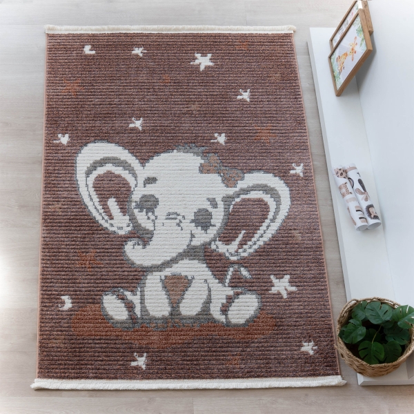 Comfy Cute Elephant 80 x 150 cm Zymta Winter Carpet - Dark Pink / Off White / Light Brown / Light Purple