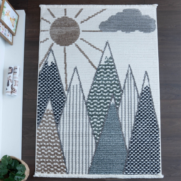 Comfy Mountains 160 x 230 cm Zymta Winter Carpet - Off White / Green / Light Brown / Grey