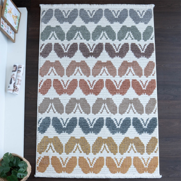 Comfy Butterflies 80 x 150 cm Zymta Winter Carpet - Off White / Brown / Green / Terracotta