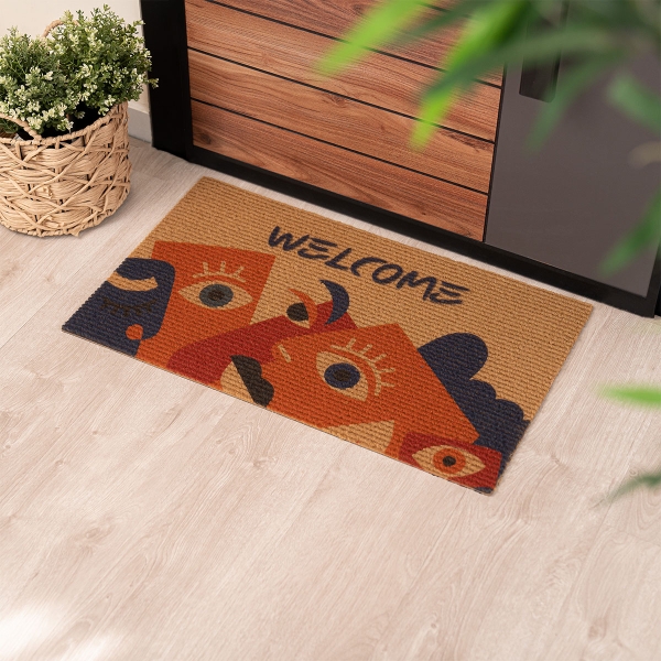 Welcome Faces Zymta Doormat 45 x 75 cm - Brown / Burnt Orange / Navy Blue