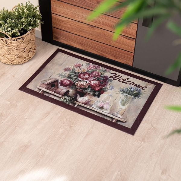 Welcome Roses Zymta Printed Doormat 45 x 75 cm - Plum