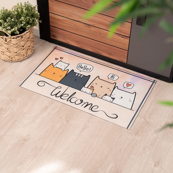 Welcome Kittens Zymta Printed Doormat 45 x 75 cm - Cream / White / Orange / Grey