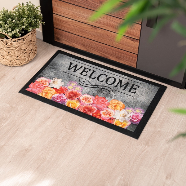 Welcome Flowers Zymta Printed Doormat 45 x 75 cm - Pink / Black / Yellow / Grey