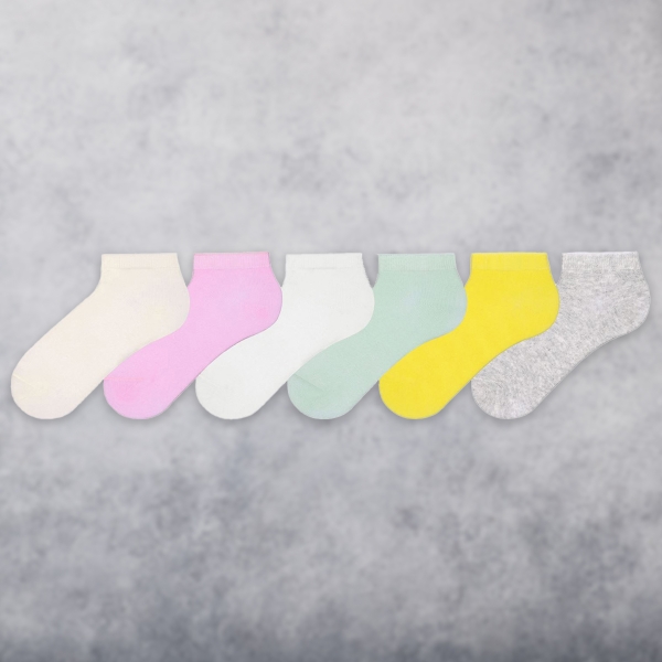 6 Pairs Simple Kids Socks Shorty Size: (34 - 36) Age: 9-11 - Pink / Yellow / White / Blue / Yellow