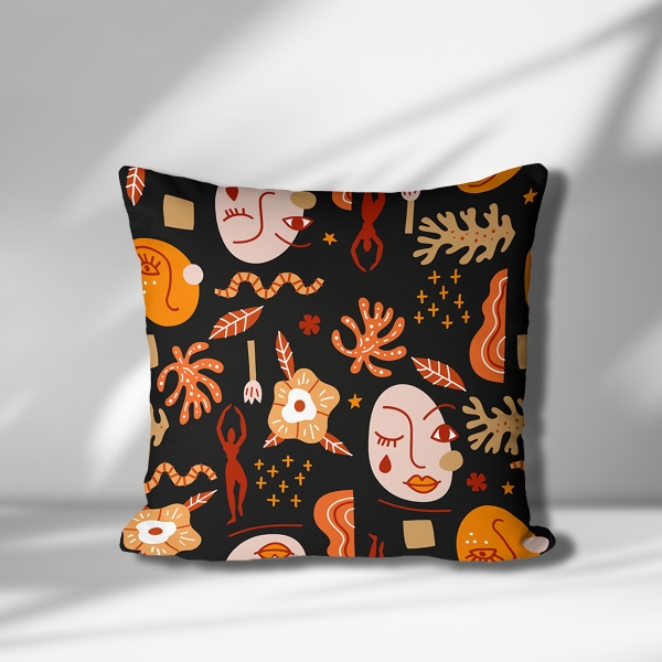 Cover Cushion Printed Graphics 43 x 43 Cm - Ecru / Orange / Black