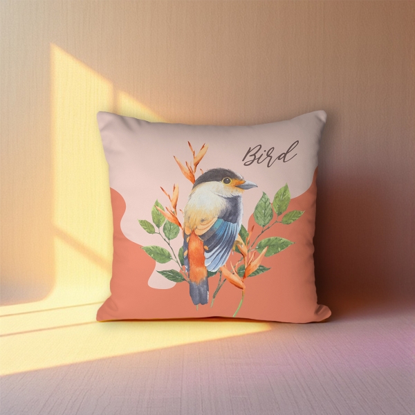 Cover Cushion Printed Bird 43 x 43 Cm - Orange / Light Beige / Green