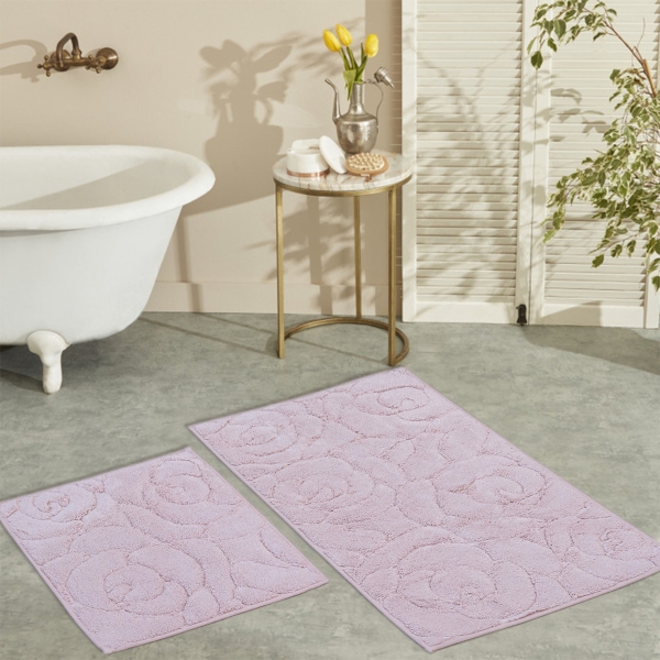 2 Pieces Gilly Flower Elegant Bath Mat Set 50 x 80 - 50 x 40 cm - Powder Pink