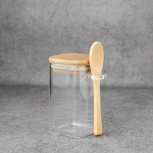 Bamboo Glass Square Storage Container with Spoon 520 ml - Transparent