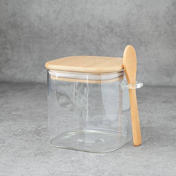 Bamboo Glass Square Storage Container with Spoon 600 ml - Transparent