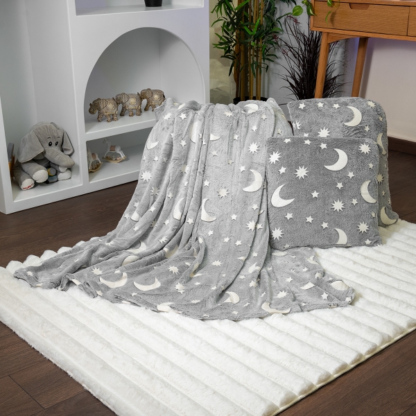 3 Pieces Glow-In-The-Dark Moon Blanket Set 150 x 200 cm - Grey