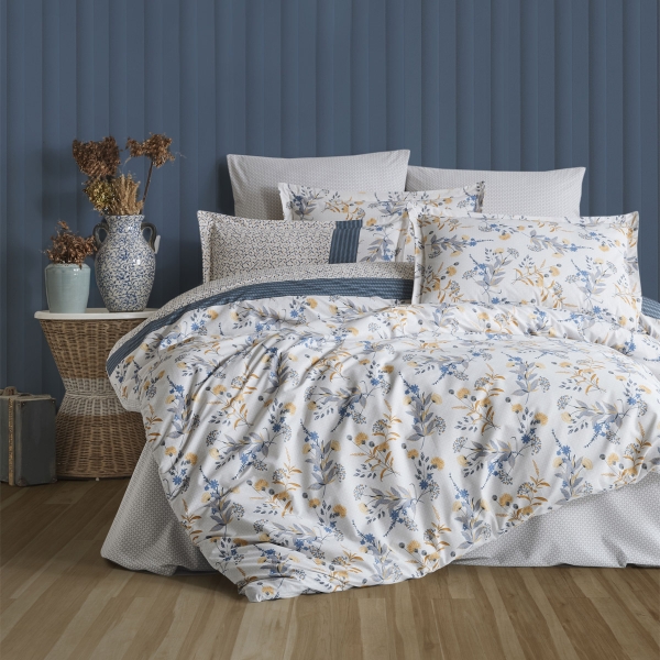 4 Pieces Bade Cotton King Size Duvet Cover Set 220 x 240 cm - White / Blue / Orange / Light Grey