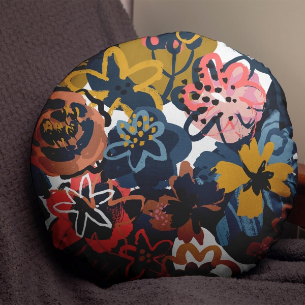 Garden Flowers  Cotton Filled Cushion 43 x 43 cm - Petrol Blue / Mustard / Pink / White