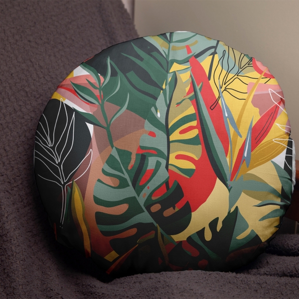 Palm Forest Cotton Filled Cushion 43 x 43 cm - Green / Red / Yellow / Brown