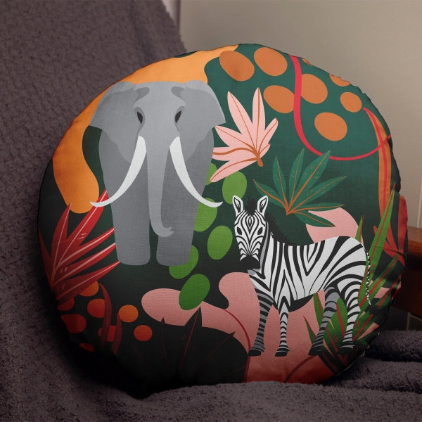 Elephant Zebra Cotton Filled Cushion 43 x 43 cm - Green / Pink / Grey / Orange