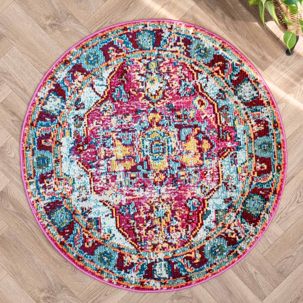 Art Vibrant kaleidoscope 100 x 100 cm Round Zymta Winter Carpet - Fuschia / Yellow / Blue / Green