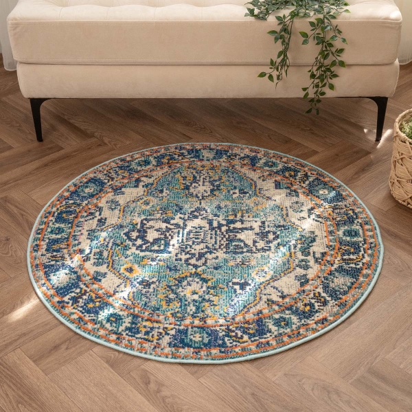 Art Vibrant kaleidoscope 100 x 100 cm Round Zymta Winter Carpet - Orange / Beige / Blue / Navy Blue