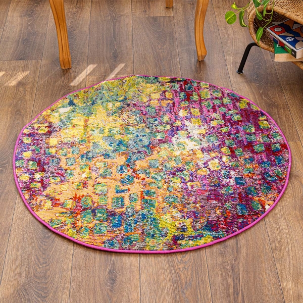 Art Enchanted Threads 100 x 100 cm Round Zymta Winter Carpet - Orange / Green / Yellow / Fuchsia