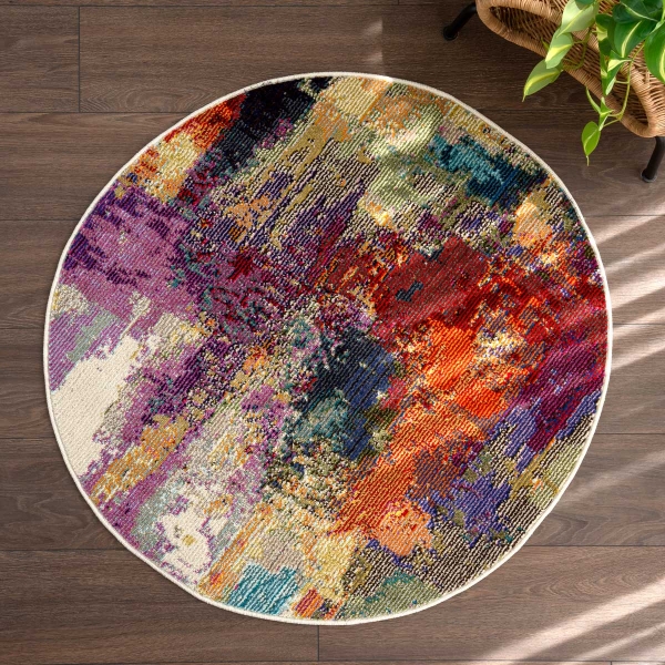 Art Artful Area 100 x 100 cm Round Zymta Winter Carpet - Plum / Orange / Blue / Beige