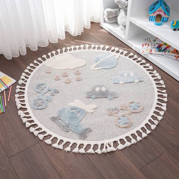 Cloud Round Trip 100 x 100 cm Round Zymta Winter Carpet - Blue / Beige / Cream / Brown