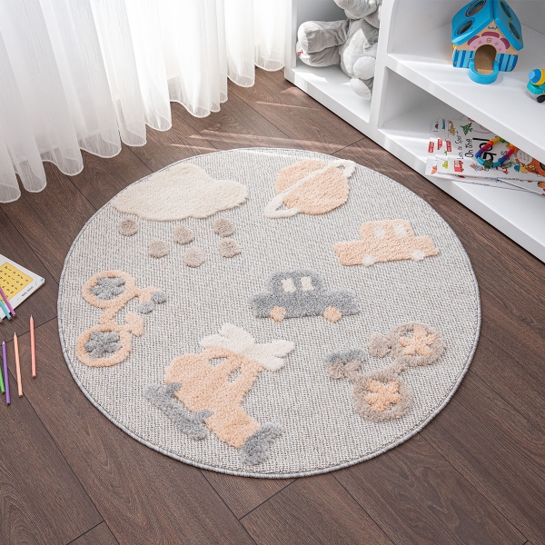 Cloud Round Trip 100 x 100 cm Round Zymta Winter Carpet - Bluish Grey / Salmon / Cream / Light Brown 