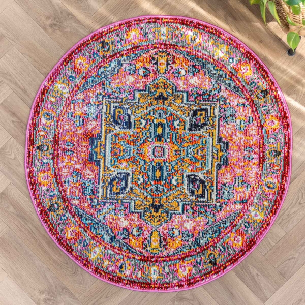 Art Crimson Majesty 100 x 100 cm Round Zymta Winter Carpet - Fuchsia / Pink / Blue / Orange