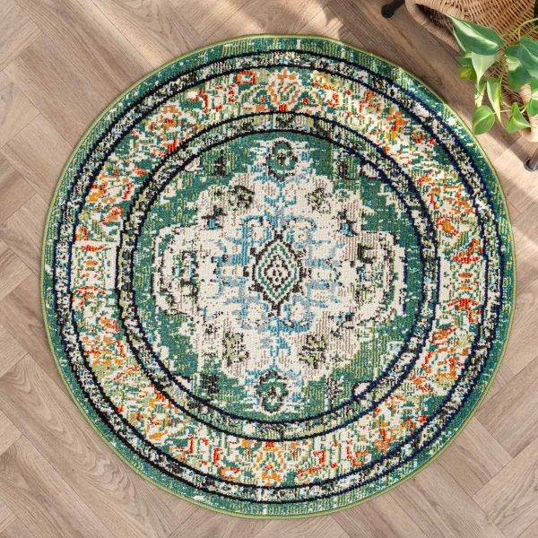 Art Floor Fantasy 100 x 100 cm Round Zymta Winter Carpet - Green / Blue / Ecru / Orange