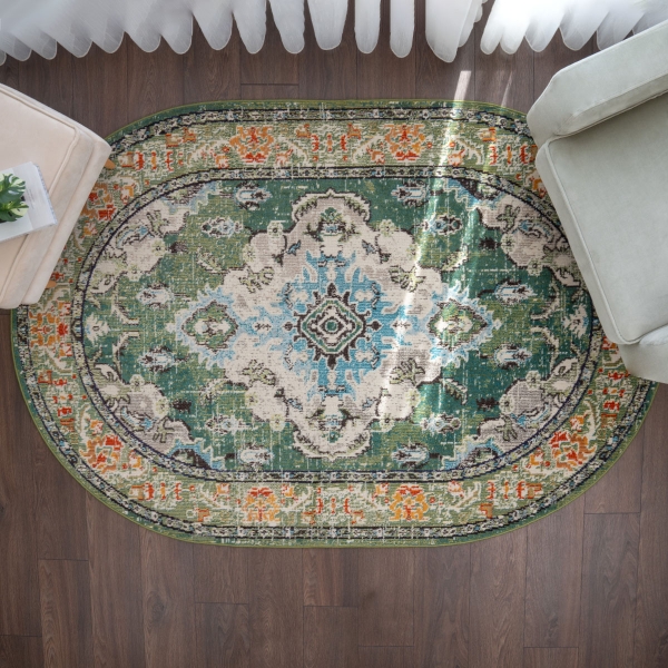 Art Floor Fantasy 160 x 230 cm Oval Zymta Winter Carpet - Green / Blue / Ecru / Orange