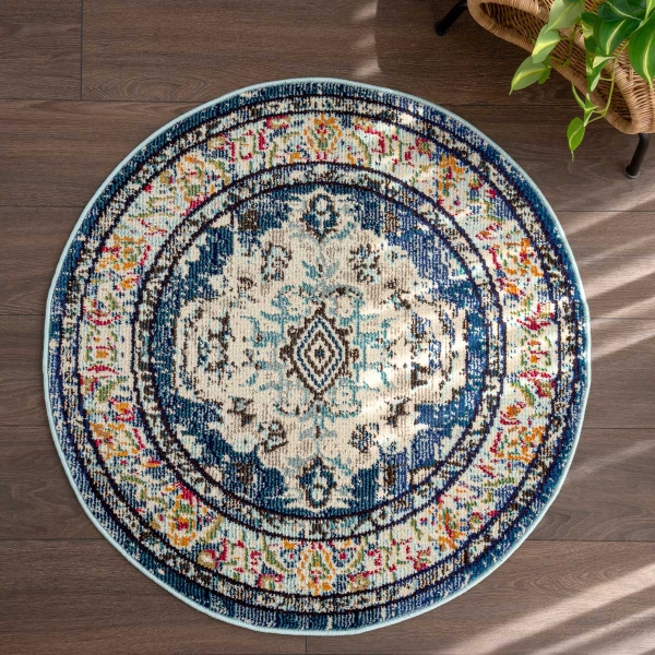 Art Floor Fantasy 100 x 100 cm Round Zymta Winter Carpet - Blue / Beige / Anthracite / Mustard