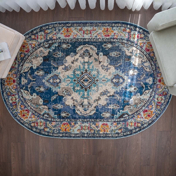 Art Floor Fantasy 160 x 230 cm Oval Zymta Winter Carpet - Blue / Beige / Anthracite / Mustard