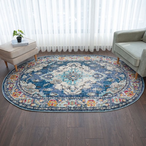 Art Floor Fantasy 160 x 230 cm Oval Zymta Winter Carpet - Blue / Beige / Anthracite / Mustard