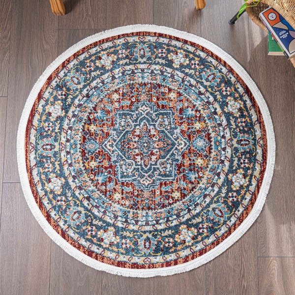 History Antique Charm 100 x 100 cm Round Zymta Winter Carpet - Claret Red / Terracotta / Blue / Yellow