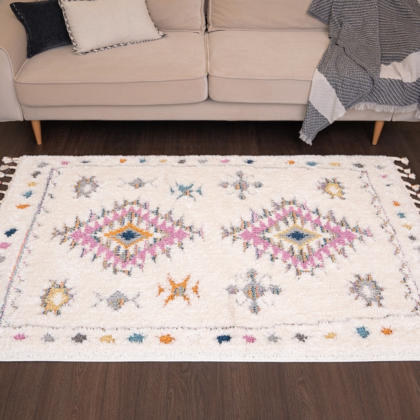 Barcelona Aztec Sunrise Shag 80 x 150 cm Zymta Winter Carpet - Pink / Cream / Blue / Orange