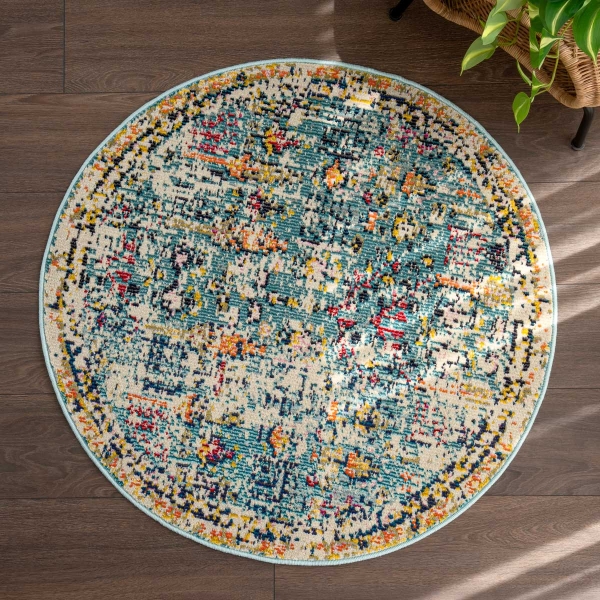 Art Barbola 100 x 100 cm Round Zymta Winter Carpet - Blue / Yellow / Orange / Fuchsia