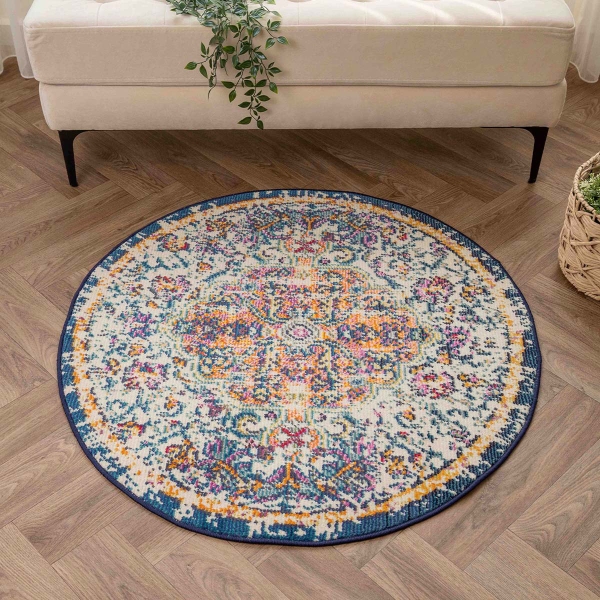 Art Fiona 100 x 100 cm Round Zymta Winter Carpet - Beige / Orange / Navy Blue / Mustard